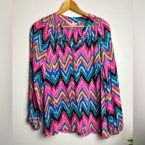 Lilly Pulitzer 100% Silk 90s Multicolor Long Sleeve V-Button Neck pink Top Sz S